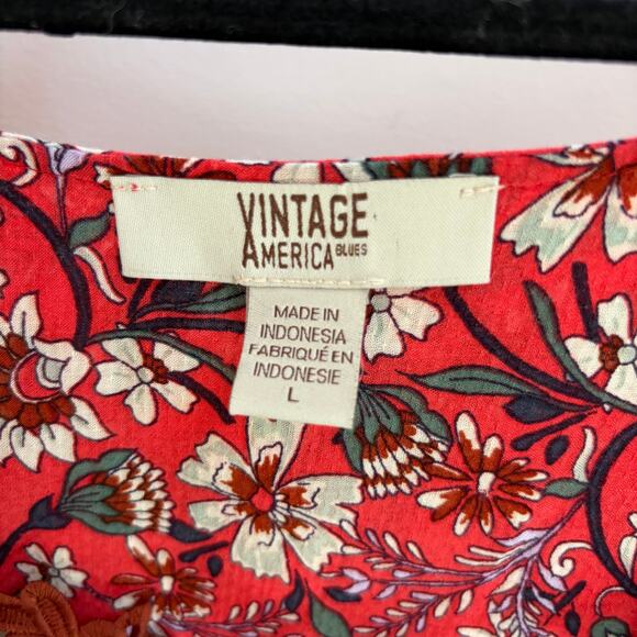 Vintage America Blues Floral Boho Red Flow Blouse Large Bell Sleeve Prairie - Picture 6 of 7